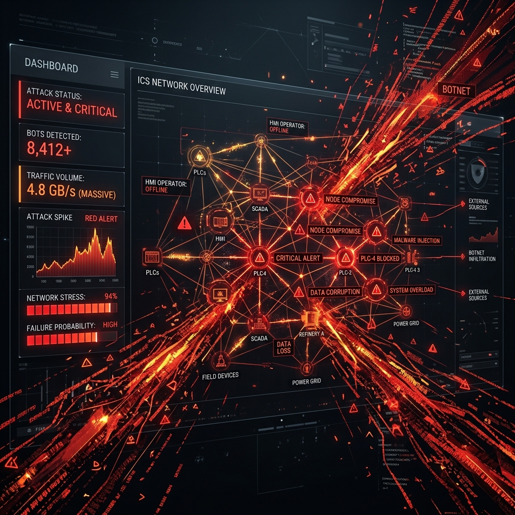 Dashboard de sistema industrial bajo ataque de bots