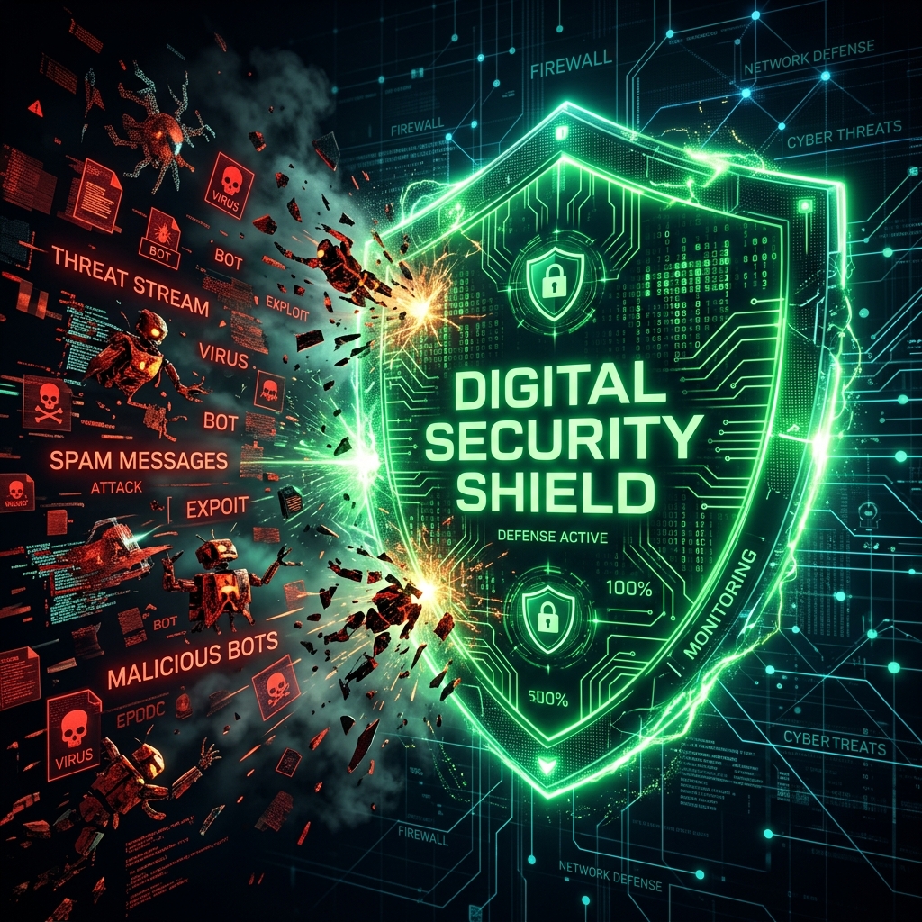 Escudo de seguridad bloqueando amenazas automatizadas