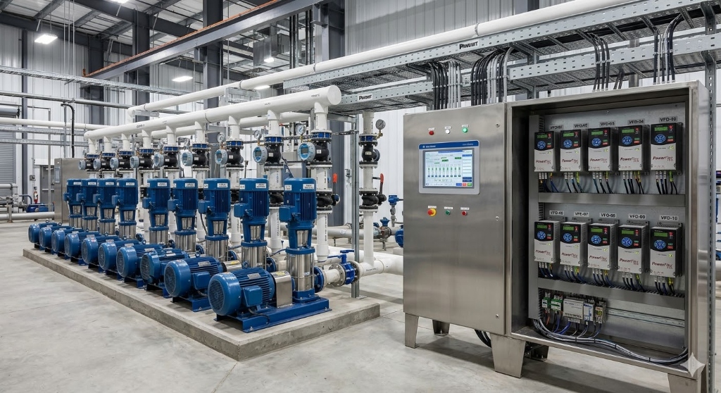 Cuarto de bombas industriales automatizado con variadores Allen-Bradley